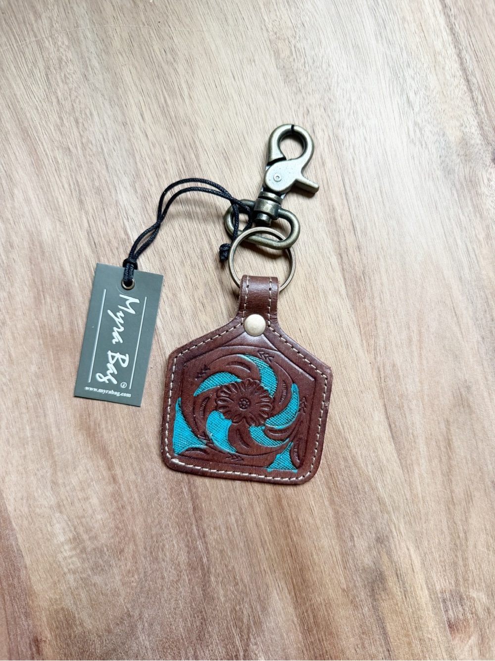 Myra Bag Brown Leather & Turquoise Tooled Keychain